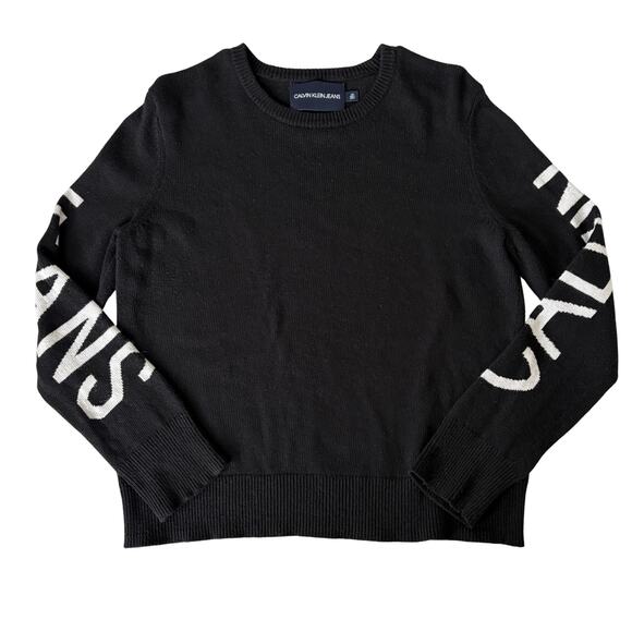 Calvin Klein Jeans Black Logo Knit Sweater Women’s L Y2K Spell Out Sleeve Back - Picture 2 of 7